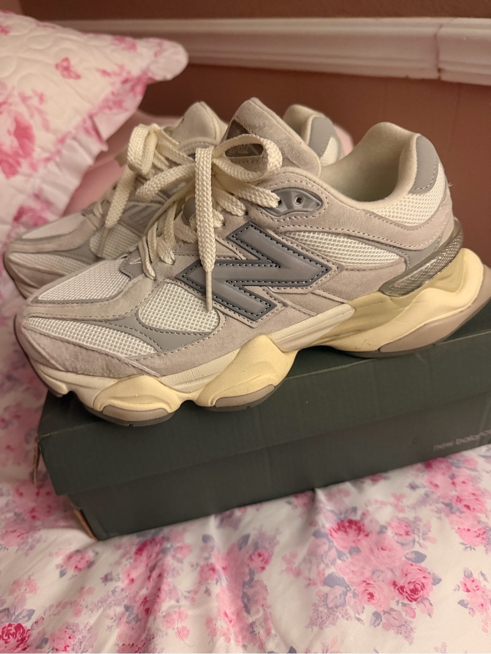 New Balance Women's 9060Cream/Grey Retro Runner Sneakers